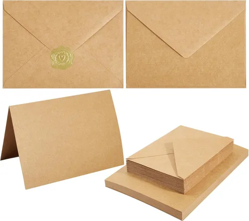 Vista 10 de Paquete de 50 sobres A6 color crema con tarjetas de cartulina gruesa plegada de 4 x 6 pulgadas y calcomanías doradas para tarjetas de felicitación
