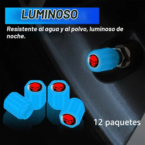 Vista 4 de 12 tapones fluorescentes para válvulas de neumáticos, resistentes a la corrosión, para automóvil, con forma de calavera iluminada luminosa que