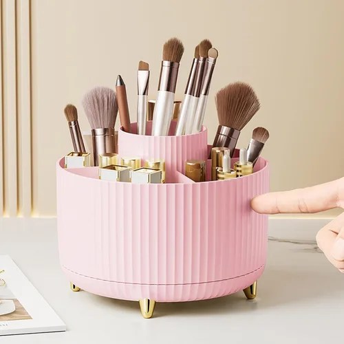 Vista 15 de Organizador para brochas de maquillaje, organizador de brochas de maquillaje giratorio 360°, taza con 5 ranuras para brochas de maquillaje