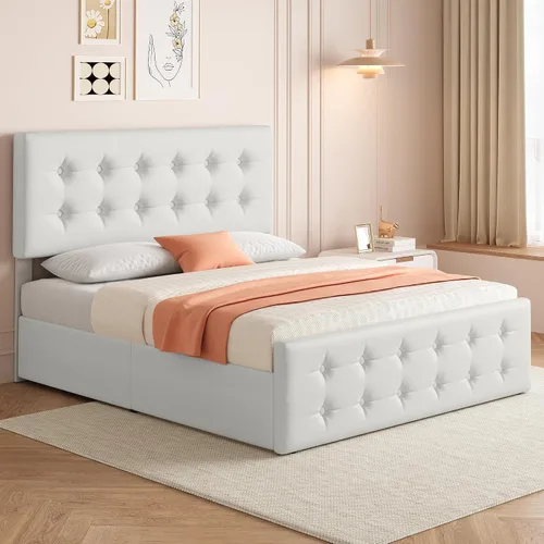 Vista 8 de IDEALHOUSE Marco de cama tamaño completo con 4 cajones de almacenamiento y cabecero, marco de cama plataforma tapizada en cuero sintético con Beige