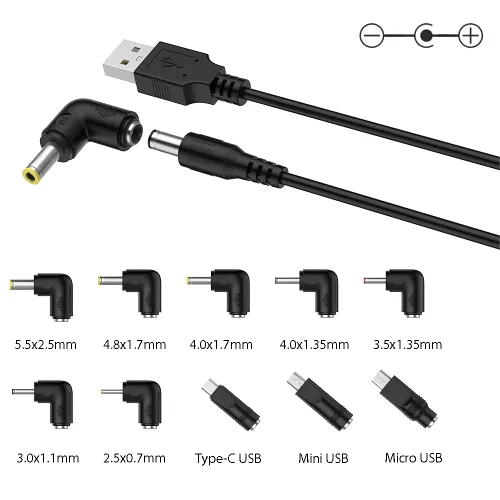 Vista 3 de LIANSUM - Cable de alimentación USB a DC 5V, cable de carga con enchufe Jack DC 5.5x2.1mm universal y 10 puntas de conector Micro USB, Type-C, Mini