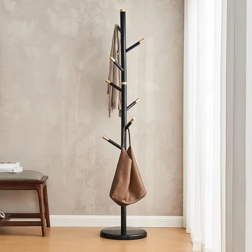 Vista 2 de Perchero negro independiente de madera maciza - Moderno árbol de madera independiente resistente con 7 ganchos creativo de aspecto de rama de árbol