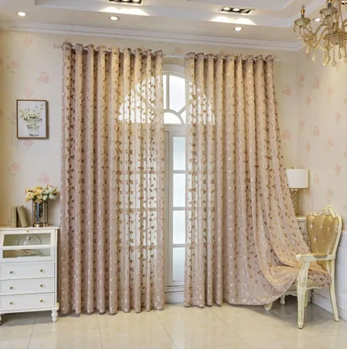 Vista 2 de Juego de 2 paneles de cortinas traslúcidas florales marrones de 63 pulgadas de largo, paneles de cortina de ventana con patrón de trébol para sala