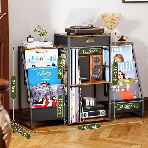 Vista 3 de JunVpic Soporte para tocadiscos con almacenamiento de vinilo, mesa de discos con soporte, estante y cajón de almacenamiento de vinilo de 6
