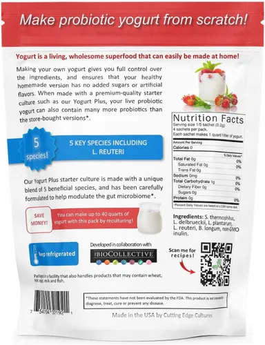 Vista 2 de Cutting Edge Cultures Yogurt Plus probiótico L. Reuteri B. Longum L Plantarum Starter 0.14 oz 4 paquetes
