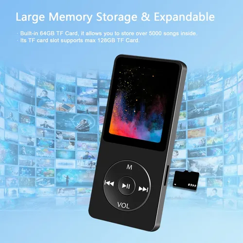 Vista 4 de Reproductor MP3 de 64 GB con Bluetooth, reproductores de música MP3 de alta fidelidad portátiles sin pérdidas con altavoz, reproductor multimedia