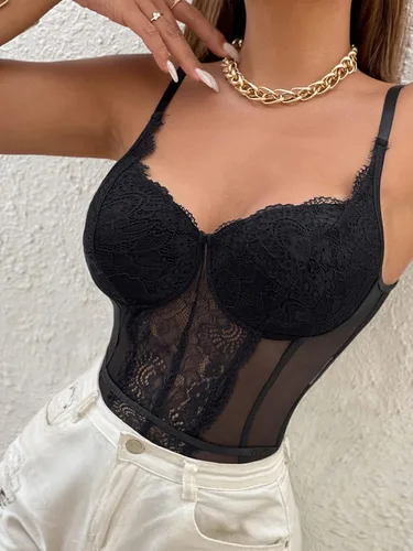 Vista 4 de SOLY HUX Body sexy de encaje floral para mujer de malla transparente ajustada corsé