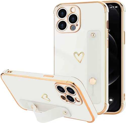 Vista 52 de LLZ.COQUE Funda compatible con iPhone 12 para mujeres y niñas, parachoques chapado de lujo con bonito diseño de corazón de amor, soporte de correa