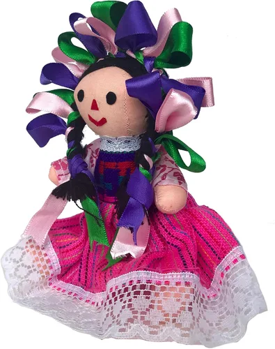 Vista 2 de ALKIMIA INC Muñeca de trapo tradicional mexicana hecha a mano Maria Lele - 7 pulgadas - Rosa
