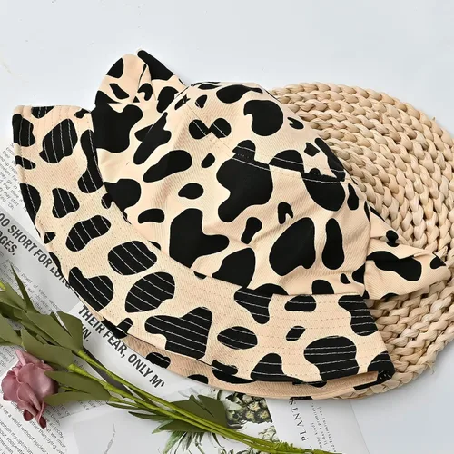 Vista 20 de Sombrero de pescador con estampado de vaca con orejas de cuerno lindas con estampado de vaca, sombrero de sol de playa de verano, sombrero