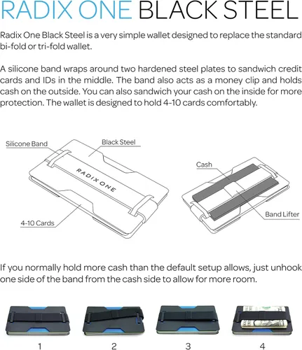 Vista 5 de Radix One Black Steel - sujeta billetes cartera fuerte ultradelgada para bolsillo frontal minimalista con bloqueado de identificación por