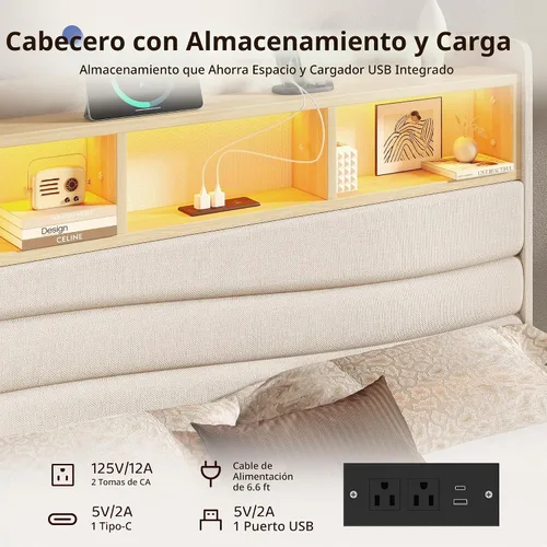 Vista 3 de BRELTAM Base de cama tamaño Queen con 6 cajones de almacenamiento, plataforma tapizada de lino con estación de carga y luces LED, diseño de cabecera