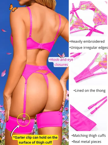 Vista 3 de Kaei&Shi Bordado floral, con aros, tanga, liguero, lencería de 4 piezas