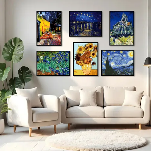 Vista 5 de VeGuude Pintura por números para adultos y niños principiantes, paquete de 6 kits de pintura por números de «La noche estrellada» de Van Gogh