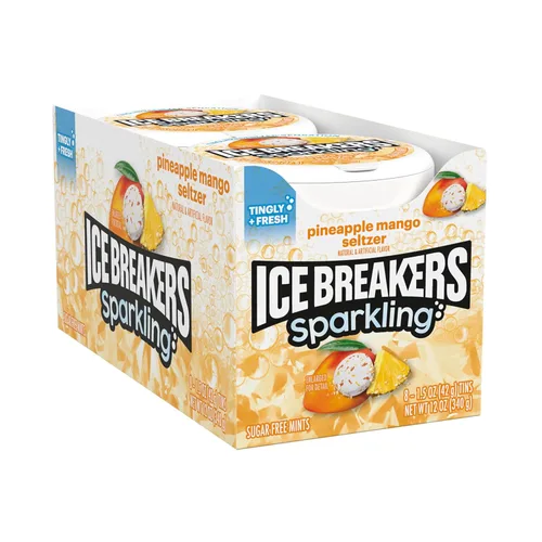 Vista 2 de ICE BREAKERS Sparkling Pineapple Mango Seltzer Latas de mentas sin azúcar, 1.5 oz (8 unidades)