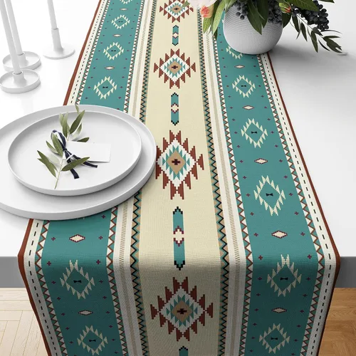 Vista 10 de Camino de mesa étnico del suroeste, navajo tribal nativo americano, bohemio, patrón geométrico azteca, camino de mesa para cocina, mesa de comedor