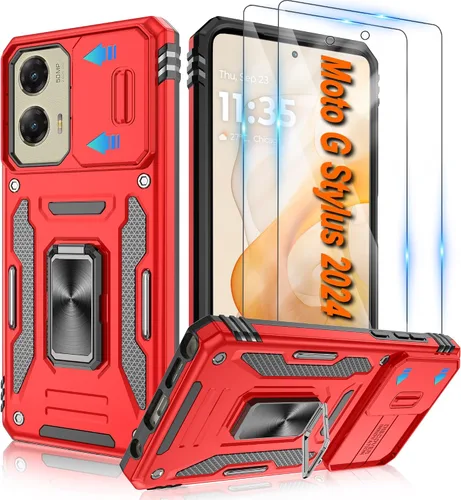 Vista 52 de Atump Funda para Motorola Moto G Play 2024 (4G) con [paquete de 2] protector de pantalla HD y cubierta para cámara deslizante, soporte de anillo