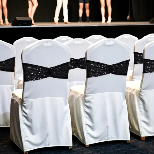 Vista 5 de Poise3EHome Bandas de silla de lentejuelas negras, bandas para sillas plegables para decoraciones de boda, ceremonia, banquete, 10