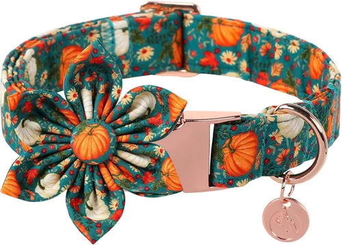 Vista 14 de DOGWONG - Collar de Acción de Gracias con Bellota y Flor para Perro, Collar de Perro de Pavo Otoñal, Collar de Calabaza de Algodón Suave y Duradero