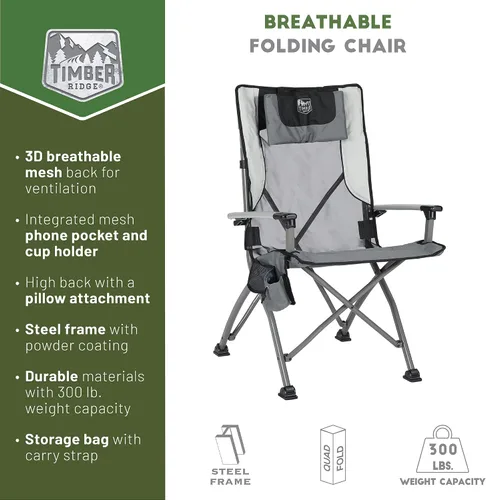 Vista 4 de TIMBER RIDGE Silla plegable de campamento para adultos, sillas plegables de aluminio con respaldo alto con organizador de tazas y reposacabezas