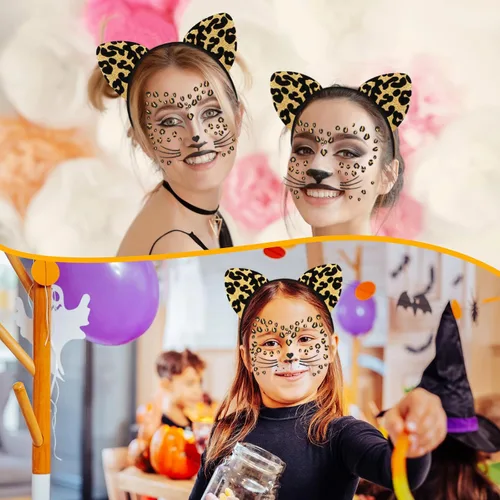 Vista 5 de Eaasty 2 piezas de disfraz de animal con orejas y diadema de animales temporales para Halloween, cosplay, fiestas de niñas y mujeres (leopardo)