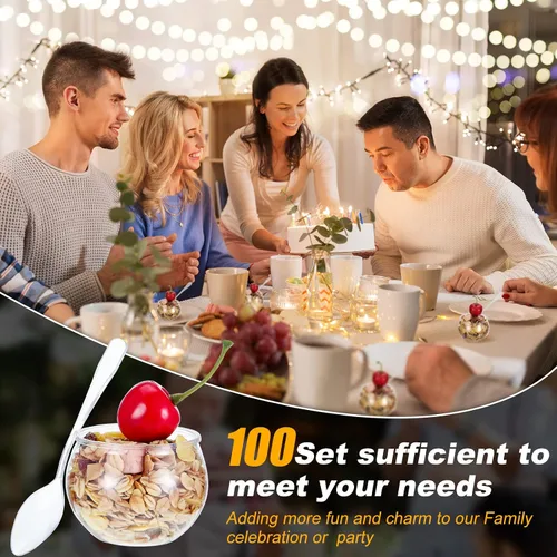 Vista 4 de EBOOT 100 mini tazas de postre de 2 onzas con cucharas, taza de plástico desechable redonda de plástico para parfait pequeño para boda, evento