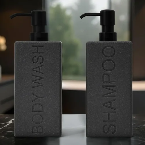 Vista 4 de Dispensador rectangular de resina para baño, champú y acondicionador de baño, botella de lavado corporal, diseño moderno de bomba recargable Gris