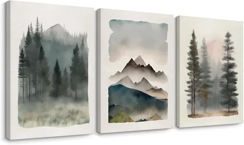 Vista 13 de Arte de pared de bosque brumoso, arte de pared de abeto, paisaje natural, lienzo, impresiones abstractas de bosques, pintura de granja, póster