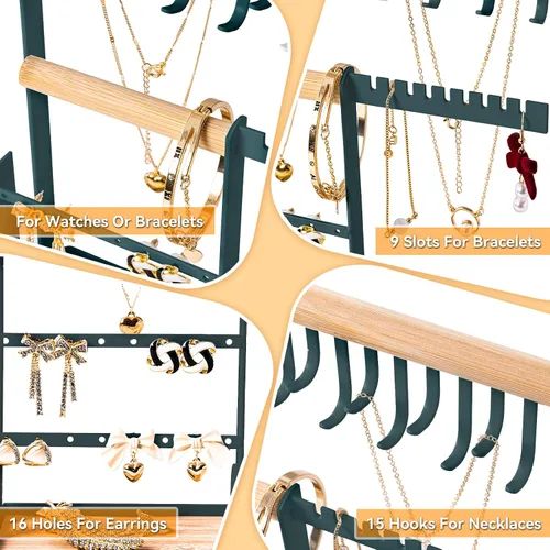 Vista 5 de Soporte organizador de joyas con soporte de terciopelo para anillos, organizador de joyas de 4 niveles con 15 ganchos, organizador de collares