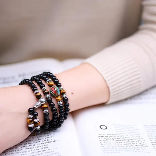 Vista 2 de COAI Pulsera de piedra obsidiana negra Collar Mala Beads 108, Piedra, Obsidiana