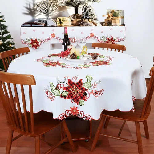 Vista 4 de Grelucgo Mantel de comedor redondo bordado de Navidad (redondo de 70 pulgadas)