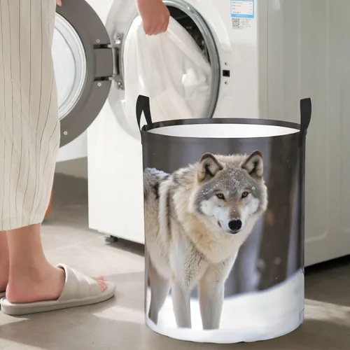Vista 7 de wolf in the snow print Circular Hamper Waterproof Storage Bin Organizer Basket Laundry Hamper With Handles For Clothes Toys Small