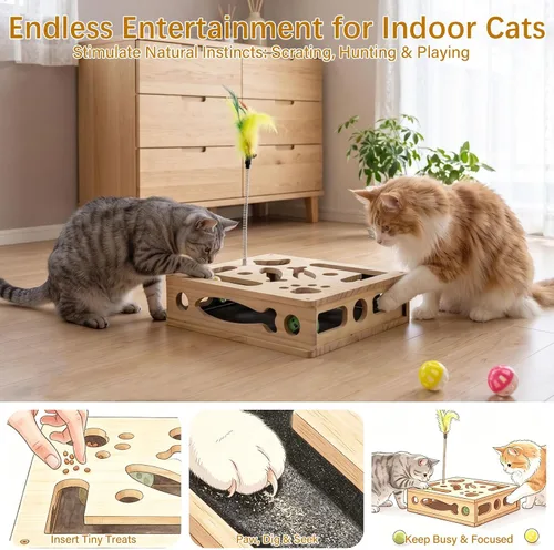 Vista 2 de Rascador de limas de uñas de gato, caja de madera de enriquecimiento de Madera natural