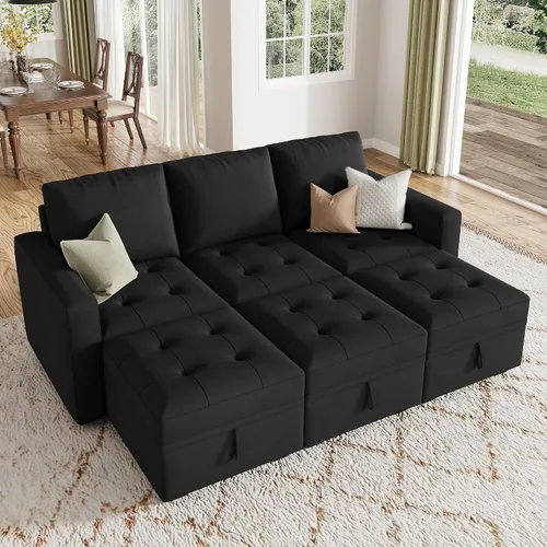 Vista 19 de HONBAY Sofá cama modular modular con cama extraíble, sofá en forma de L con asiento de almacenamiento, sofás seccionales para sala de estar, beige