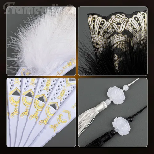 Vista 6 de Framendino, Paquete de 2 abanicos de plumas bordadas de flores Marabou con borla colgante de los años 20 plegable de arrastre a mano para mujeres
