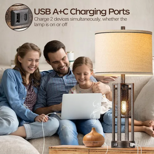 Vista 3 de Juego de 2 lámparas de mesa industriales de granja de 28 pulgadas - Lámparas rústicas de mesita de noche con puertos USB A+C duales, lámparas