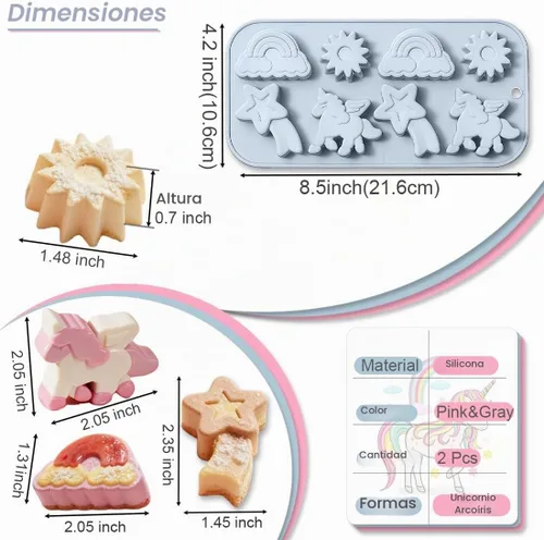 Vista 3 de Paquete de 2 moldes de yeso de silicona con temática de unicornio alado, 8 cavidades 3D arco iris, unicornio, sol, meteorito, chocolate, bandeja