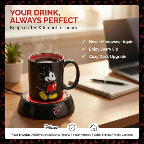 Vista 2 de Calentador de Tazas Mickey Mouse de Disney con Taza de 12 oz por Select Brands - Calentador de Tazas de Café con Taza de Cerámica Incluida - Plato