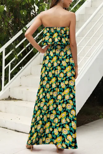 Vista 5 de ZMPSIISA - Vestido largo de verano con hombros descubiertos para mujer vestido largo sin tirantes, con volantes, color azul y blanco estilo bohemio