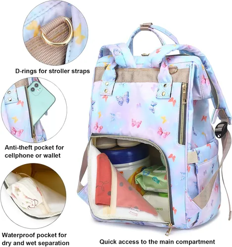 Vista 3 de Mochila para pañales de bebé con diseño de mariposa para niñas y niños, impermeable, grande, para mamá