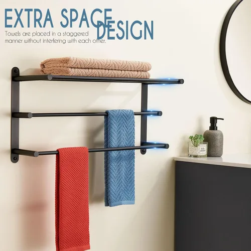 Vista 3 de KOKOSIRI Toallero doble con repisa, toallero de 3 niveles con toallero individual, toallero de baño, organizador de almacenamiento de acero Negro