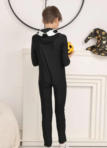 Vista 5 de Disfraz de esqueleto de Halloween que brilla en la oscuridad, overol negro de hueso aterrador para niños y niñas de 6 a 14 años