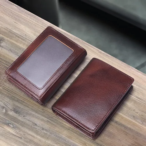 Vista 4 de Bolsillo frontal con bloqueo RFID, minimalista, delgado, de cuero, plegable, para tarjeta de crédito, con ventana de identificación