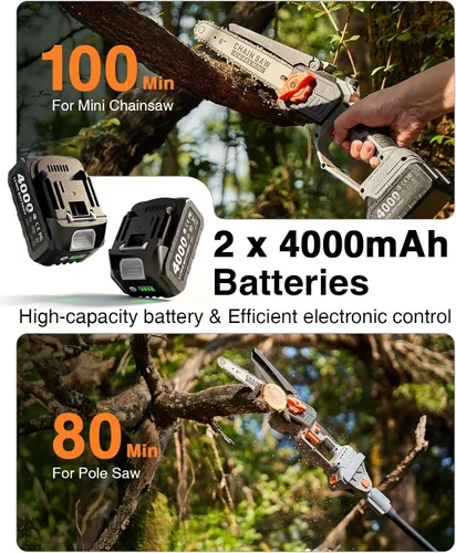 Vista 6 de TaskStar Sierra de poste 2 en 1 para recorte de árboles, motosierra mini inalámbrica de 8 pulgadas con poste extensible, motor sin escobillas, con 2