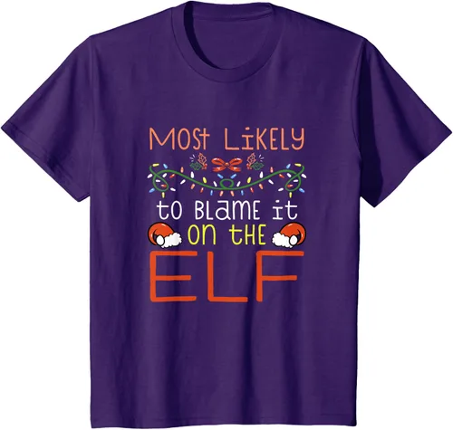 Vista 20 de Camiseta de Navidad familiar a juego con la frase "Most Likely To Blame It On The Elf" Negro