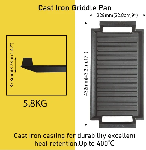 Vista 3 de Sartén para plancha, placa caliente de hierro fundido, parrilla rectangular, 2 asas con superficie acanalada para cocina eléctrica de inducción, 16