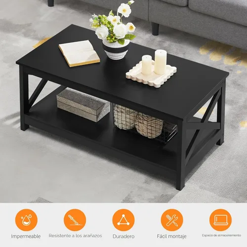 Vista 5 de Yaheetech Mesa de centro negra de madera de 2 niveles con estante de almacenamiento para sala de estar, mesa de cóctel con diseño en X, muebles