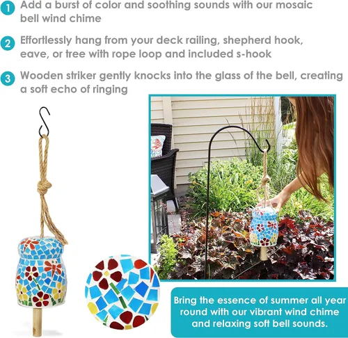 Vista 2 de Sunnydaze - Campana de viento de flores primaverales – Campana de viento de vidrio mosaico para el patio, terraza o porche, 7 pulgadas
