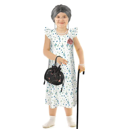 Vista 5 de Yingzhao 20 piezas de disfraz de anciana de Halloween para abuela, peluca de abuelita, vestido de tatuajes antiarrugas con rodillos, gafas de caña