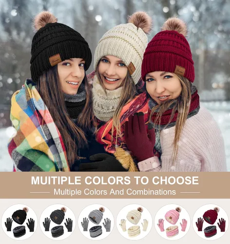 Vista 5 de YSense Conjunto de gorro de invierno para mujer, bufanda y guante, cálido forro polar con pompones, calentador de cuello y guantes para pantalla